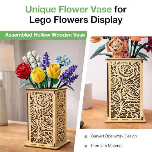 Rose Wooden Vase for Lego Flowers,Display Stand for Lego botanicals,Elegant Rose-Style Hollow Pattern Vase for Flower Lovers (Wood) - color: Wood-rose