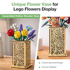 Rose Wooden Vase for Lego Flowers,Display Stand for Lego botanicals,Elegant Rose-Style Hollow Pattern Vase for Flower Lovers (Wood) - color: Wood-rose