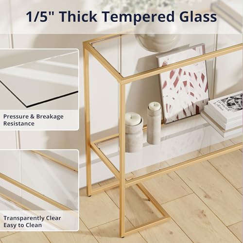 Cozy Castle 52" Entryway Table, 2-Tier Narrow Console Table with Tempered Glass & Sturdy Metal Frame, Modern Sofa Table with Storage Shelves for Entryway, Hallway, Foyer, Living Room, Gold - color: Gold Metal Frame