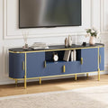 Luxury 70 in Fluted TV Stand with Faux Marble Top, Entertainment Center for TVs Up to 80 in, Wood Media Console with Curved Profile Sliding Doors and Adjustable Shelves for Living Room- Navy Blue - color: Navy Blue