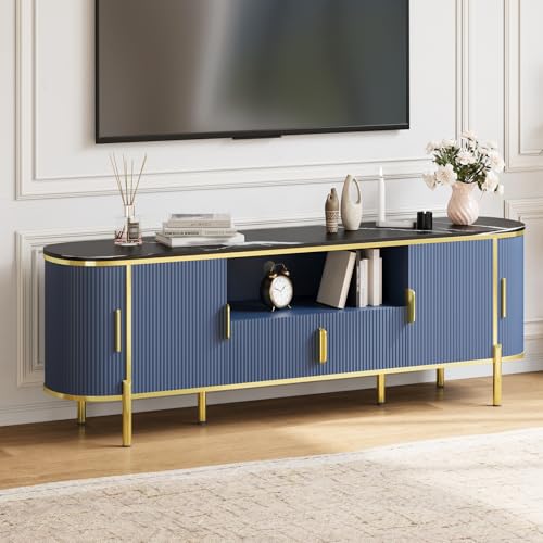 Luxury 70 in Fluted TV Stand with Faux Marble Top, Entertainment Center for TVs Up to 80 in, Wood Media Console with Curved Profile Sliding Doors and Adjustable Shelves for Living Room- Navy Blue - color: Navy Blue