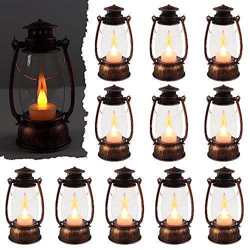 12Pcs Mini Lantern Decorative with Flickering LED Candle, 6Inch Small Western Lantern for Table Centerpiece, Vintage Hanging Candle Holders for Western Halloween Camping Party Decor (Brown) - color: Brown-12pcs