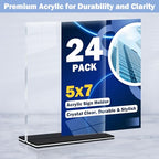 Acrylic Sign Holder 5 x 7, 24 Pack Clear Double-Sided Acrylic Display Stand for Vertical Tabletop Use, Perfect for Menus, Flyers, and Paper in Restaurants, Hotels, Office - size: 5 x 7