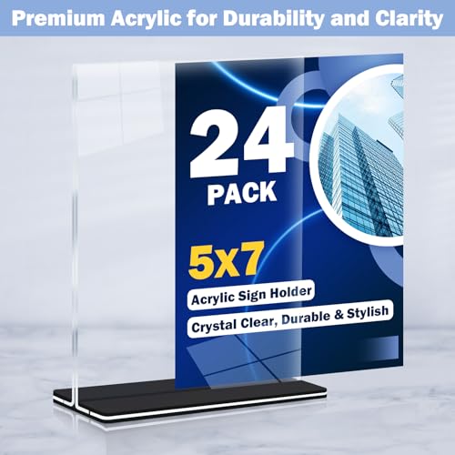 Acrylic Sign Holder 5 x 7, 24 Pack Clear Double-Sided Acrylic Display Stand for Vertical Tabletop Use, Perfect for Menus, Flyers, and Paper in Restaurants, Hotels, Office - size: 5 x 7