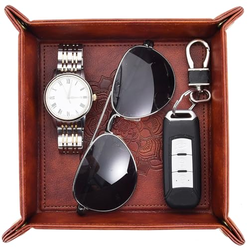 2 Pack Valet Tray, PU Leather Valet Tray Can Be Used As Key Bowl, Cologne Organizer for Men and Travel Jewelry Box, for Key Earphone Phone Coin Change Watches (8.6 * 8.6'' Brown + Pink)