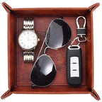 2 Pack Valet Tray, PU Leather Valet Tray Can Be Used As Key Bowl, Cologne Organizer for Men and Travel Jewelry Box, for Key Earphone Phone Coin Change Watches (8.6 * 8.6'' Brown + Pink)
