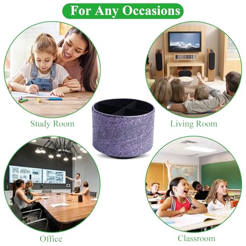 lizimandu Round Leather Art Supply Organizer,Remote Control Holder,360 Degree Spinning,Multi-Functional Pencil Holder,4 Compartments Desktop Stationary Organizer(1-Carved Metal Purple) - color: 1-Carved Metal Purple