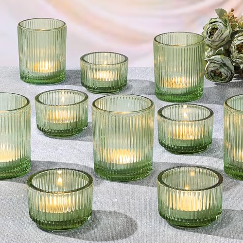 NITIME 20pcs Ribbed Green Votive Candle Holders, Assorted Tea Light Candle Holder Glass for Wedding Table Decor, Green Candle Holders for Table Centerpieces, Brithday and Tea Party Decorations - color: Green