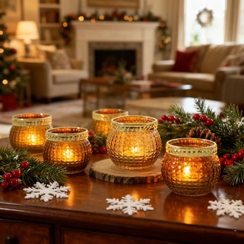 Candle Holder Set of 12, Small Tealight Candle Holder, Vintage Glass Votive Candle Holders for Table Centerpiece Wedding Home Decor Holiday Decor (Amber) - color: Amber