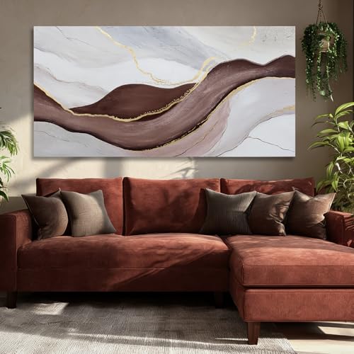 Hue7Art Modern Neutral Canvas Wall Art Abstract Flow Design in Gray White and Warm Brown, Contemporary Artistic Wall Decor for Living Room Bedroom Entryway Space 29x58 Inch - color: White and brown and gold, size: 58"L x 29"W