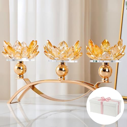 Crystal Candle Holders Lotus Candelabras Gold Arch Candlestick, Centerpiece Table, Home Hecor for Wedding, Dinning Room, Coffee Table, Kitchen, Living Room (26.7cmL, Tealight Candle) - color: Gold, size: 3-Arm
