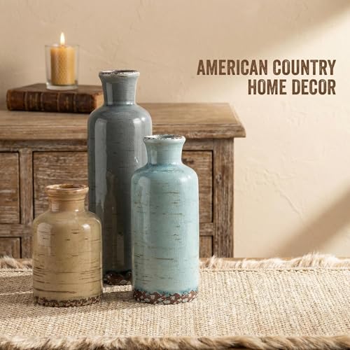 Vintage Ceramic Flower Vase Set of 3, Rustic Farmhouse Vase for Home Decor, Distressed Decorative Vase for Table Entryway Mantel Centerpiece Living Room Bathroom Bedroom (Gray Blue Stripe) - color: 107-gray Blue Stripe