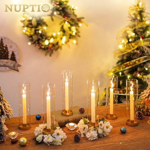 NUPTIO Hurricane Glass Candle Holders: 6 Pcs Gold Metal Taper Candlesticks Holder with 11.81 inch Long Clear Bottomless Cylinder Cover Stands for Wedding Anniversary Bridal Shower Table Centerpiece - color: Gold, size: 11.81"H - 6 Pcs