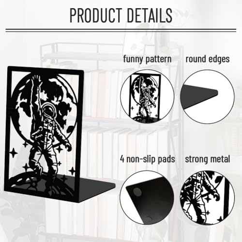 WADORN 1 Pair Space Astronaut Metal Decorative Bookend for Shelves, Heavy Duty Book Ends Modern Non-Skid Books Holder Stand Black Book Support Stoppers for Desk Bookshelf Office Home, 5.3x4.3x7.8 - color: Space Astronaut