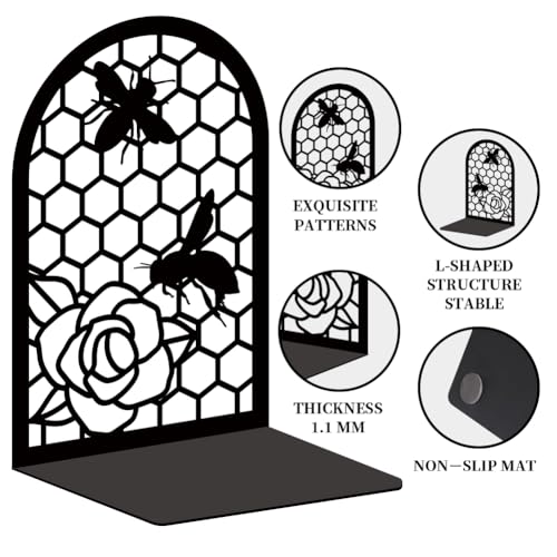 Black Metal Bookends for Shelves Decor Bees Heavy Duty Bookends for Book Supports Vintage Flower Book Stopper for Office Book Holder Shelf Accessories Unique 7x4.7x3.5 inch 1 Pairs/2 Pcs - style: Honeycomb