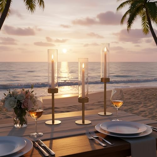 Ronasip Hurricane Candle Holders Set of 6, Matte Gold Metal Taper Candlestick Holders with Clear Glass Chimney Cylinder Tubes, Tall Candle Stands for Wedding, Christmas, Dining Table Centerpiece Decor