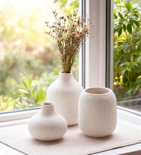 White Ceramic Vases for Decor, Weave Style Modern Minimalist Decorative Vase Set of 3 for Table Shelf, Bookshelf Decoration - color: 14 White
