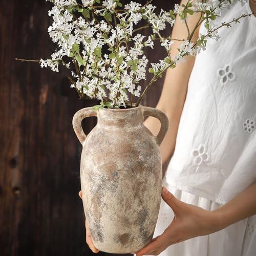 Ceramic Rustic Vase, 9.6 Inch Terracotta Rustic Vase with 2 Handles, Decorative Pottery Flower Vase for Home Decor, Living Room, Shelf Decor, Wedding, Table Decoration - color: 110-1-9.6in