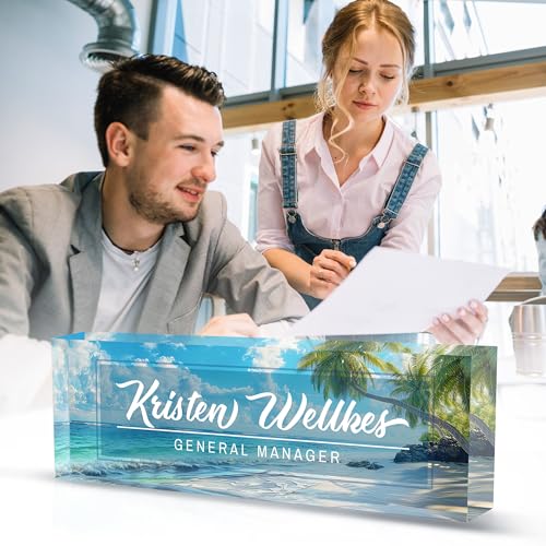 Custom Name Plate Personalized, Acrylic Desk Plate, Office Decor for Women and Men, Employee Appreciation Gifts for Boss, Manager, Teacher, Nurse - color: Beach Coconut Trees