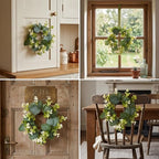 Yunlly 4 Pcs Candle Wreaths Rings Artificial Eucalyptus Wreaths Candle Holder Rings with LED Flameless Candles, 9.5" Wide for Wedding Windows Table Centerpieces, Green and White - color: Green and White, style: Classic