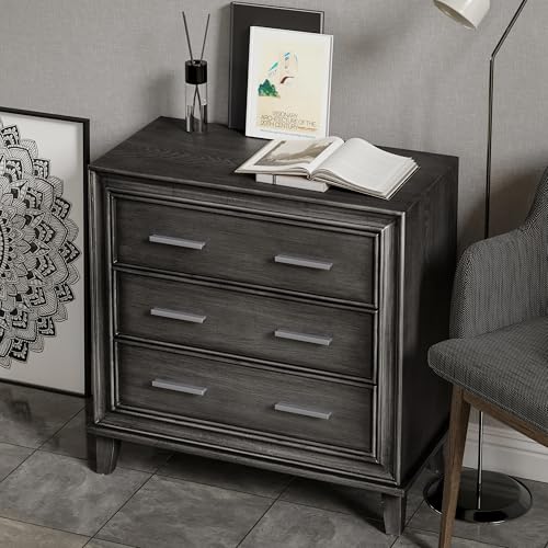 LONYKE Modern Nightstand 3 Drawer Wood Dresser with Metal Handles, Accent Bedside Table Storage Organizer, Vintage Mid-Century Table with Dark Finish, Black