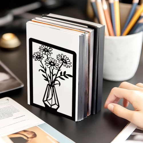 BEUNITONE Daisy Book Shelf Decorative Bookends for Shelves, Non-Slip Book Ends for Heavy Books, Flower Shelf Metal Bookends for Desk Organizer, Office Library Decor Decorative Books for Home Decor - style: Daisy