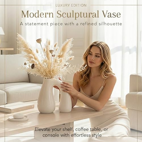 Cream White Ceramic Vase for Modern Home Decor 7.5" Sculptural U-Shape Pitcher Vase Arch Handle, Small Neutral Aesthetic Flower Vase for Pampas Grass, Dried Flowers, Shelf Entryway Decor PROBENEX - color: White