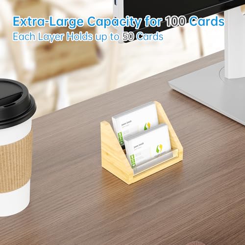 Sleek Bamboo Acrylic Business Card Holder for Reception, Office Desk, Meetings, Trade Shows, Home Office, Versatile Use Professional Display, Natural Modern Blend Elegant Organizer (2 Tiers) - color: 2 Tiers-Bamboo