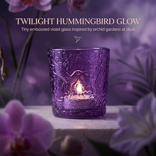 12 Pack Hummingbird Embossed Glass Candle Holders – Votive Tealight Holders with Patent Design, Decorative Embossed Glass Cups for Wedding Centerpieces, Parties, and Home Décor (Amethyst Bloom) - color: Amethyst Bloom