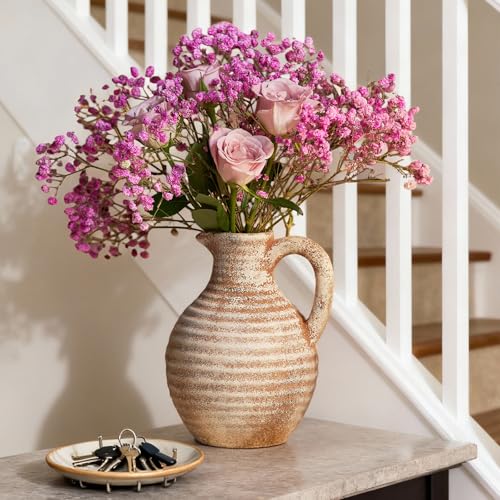 Ceramic Flower Vase Rustic Terracotta Vase with Handles Neutral Clay Pitcher Antique Vase for Home Decor,8 Inch Farmhouse Boho Vases for Living Room,Dining Table,Enterway,Shelf,Fireplace - size: 8''