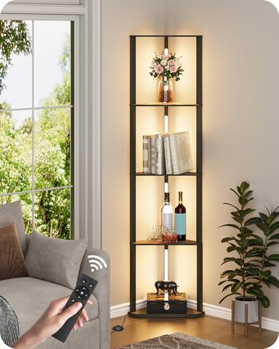 63.4” Display Shelf with Light, Modern Corner Floor Lampe with Shelves, LED Dimmable Standing Lamp with Remote for Living Room, Bedroom, Office, Adjustable CCT, Black Triangle B55LD05 - color: Black Triangle