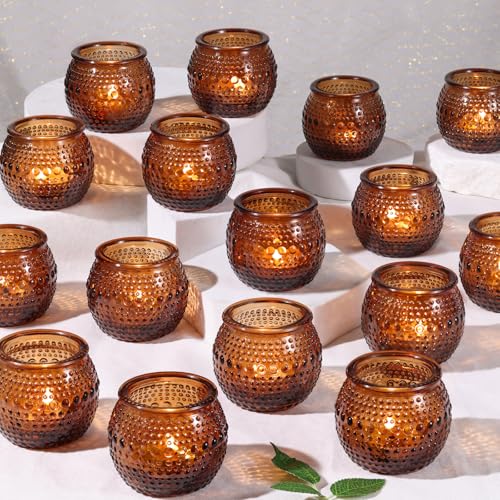 16 Pcs Amber Tea Light Candle Holders, Round Amber Glass Candle Holder with Polka Dot Embossed, Vintage Votive Candle Holders for Weddings, Home Decor, Baby Shower, Special Occasions - color: Amber