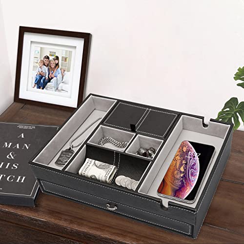 Baoyun Valet Tray for Men, 2 Layers Nightstand Organizers for Men and Women, Leather Jewelry Storage Box, Mens Dresser Top Organizer, Catch All for Jewelry Key Wallet and Phone (Black) - color: Double-deck Black