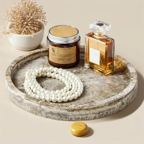 Round Marble Vanity Tray, Gray Travertine,Natural Marble Stone Decorative Tray for Counter, Bathroom, Kitchen, Dresser, Nightstand or Coffee Table, Home Decor(NS024) - color: Gray Travertine