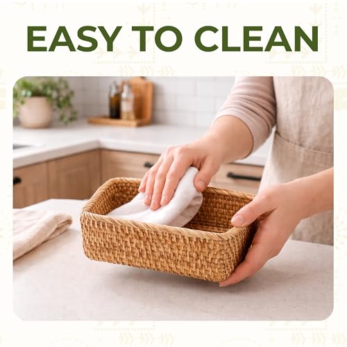 Rattan Storage Basket Set of 3 - Handwoven Rectangular Wicker Baskets for Kitchen, Pantry & Home Organization (Large, Medium, Small) - style: Natural