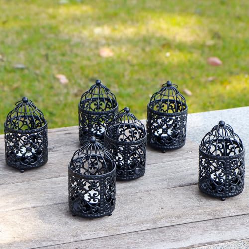 JHY DESIGN 6 Pcs 5.5 inch Height Small Metal Candle Stick Holder Hanging Birdcage Tealight Lantern Hollow Candle Holders for Table Valentine Patio Indoor Outdoor Gifts(Black) - color: Black