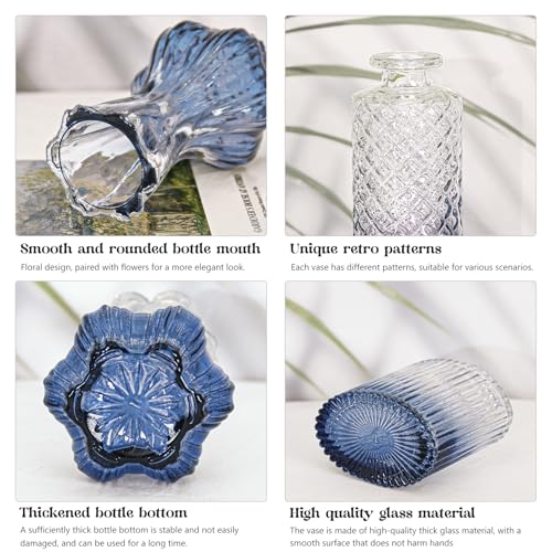Set of 4 Glass Bud Vase Set, Small Vintage Clear Flower Vase Centerpieces for Table Bulk Cute Rustic Style Mini Vase for Home Decor Wedding Baby Shower Birthday Party(Ombre Blue) - color: Ombre Blue