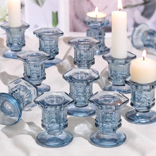 Blue Candlestick Holders Bulk, 12 Pcs Glass Candle Holders Set,Crystal Taper Candle Holder for Wedding, Table Centerpiece, Home Decoration - color: Blue