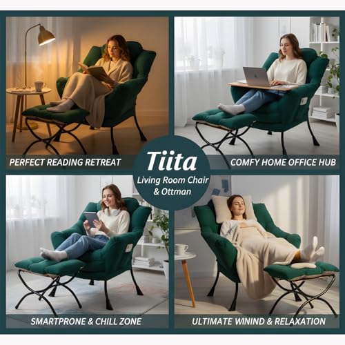 Tiita Lazy Chair with Ottoman, Green Modern Large Accent Chair, Comfy Leisure Sofa Armchair with Ottoman, Reading Chair with Footrest for Bedroom, Living Room, Dorm Rooms, Green - color: Peach Skin Green