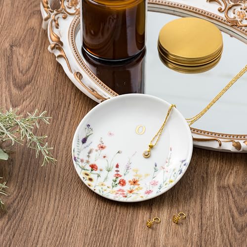 Crisky Initial Jewelry Tray Ring Dish & Gift Box, Ceramic Flower Trinket Dish for Rings Earrings Necklaces Keys, Bridal Shower Engagement Birthday Gift for Women, Friends 4.57" (Gold Foil O - style: Initial O