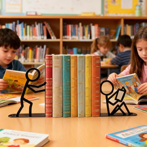 Book Ends - Abstract Heavy Duty Metal Organizer for Sturdy Book Support, Decorative Stopper with Modern Design, Durable Holder for Kids Room Bookshelves Coffee Tables Library TV Stands