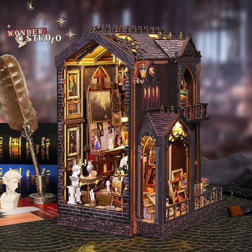 DIY Book Nook Kit - Miniature Dolls House Kit with Furniture and LED Light, 3D Puzzle Wooden Art Bookends, Model Kits for Adults to Build (Wonderful Studio)