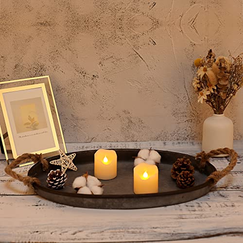 Hipiwe Galvanized Metal Iron Oval Tray with Rope Handle Farmhouse Serving Tray Rustic Industrial Decorative Centerpiece for Coffee Table Weddings and Parties Decor, Large - size: 15.4" x 9.8" x 1.6"