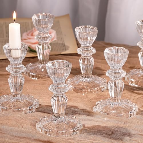 Glass Candlestick Holders Set 6PCS, Clear Taper Candle Holders Bulk, Crystal Tall Candle Holder for Table Centerpieces, Fall, Christmas, Autumn, Thanksgiving Decor - color: Clear, size: Flower