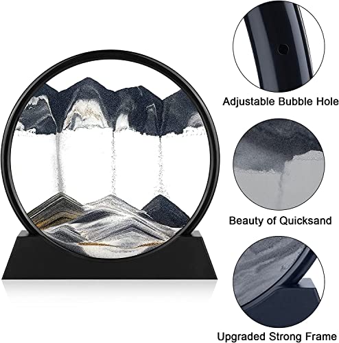 rysnwsu 3D Dynamic Sand Art Liquid Motion, Moving Sand Art Picture Round Glass 3D Deep Sea Sandscape in Motion Display Flowing Sand Painting Relaxing Desk Toys (Black, 7'') - color: Black, size: 7''