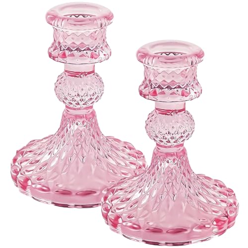 Glass Candlestick Holders Set of 2，Taper Candle Holders Fit 0.8 Inch Candles, Crystal Decorative Candle Stand Centerpiece for Table Wedding Dinning Party 4 Inch Tall (Pink) - color: Pink