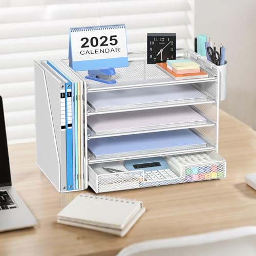 OPNICE Desk Organizer, 5-Tier Paper File Organizer with Drawer & Pen Holder, Office Desk Accessories, Workspace Desktop Organizer for Office Supplies(White) - color: White, size: 5-Tier