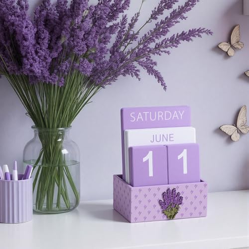AceOrbit Purple Lavender Wood Block Perpetual Calendar Coquettish Desk Decor Cute Month Week Date Display Decorative Block Calendar for Women Office Home Desk Gift for Women - style: Purple Lavender