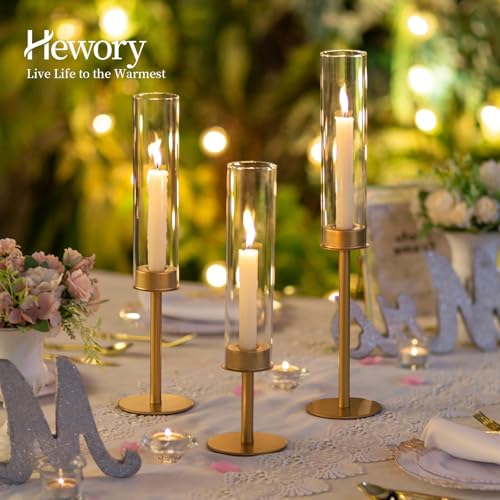 Hewory Gold Candle Holders - 6Pcs Brass Hurricane Candlestick Holders with Glass Candle Cover for Wedding Table Centerpiece Christmas Decor - color: Matte Gold, size: 6pcs