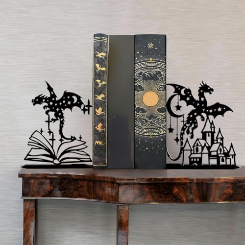 2Pcs 2 Styles Metal Dragon Bookends Black Book Stopper Fantasy Dragon Pattern Black Decorative Heavy Duty Metal Book Ends for Shelves Office Desk Organizer Stylish 7.48 x 6.3 x 1.18 Inch - color: Dragon